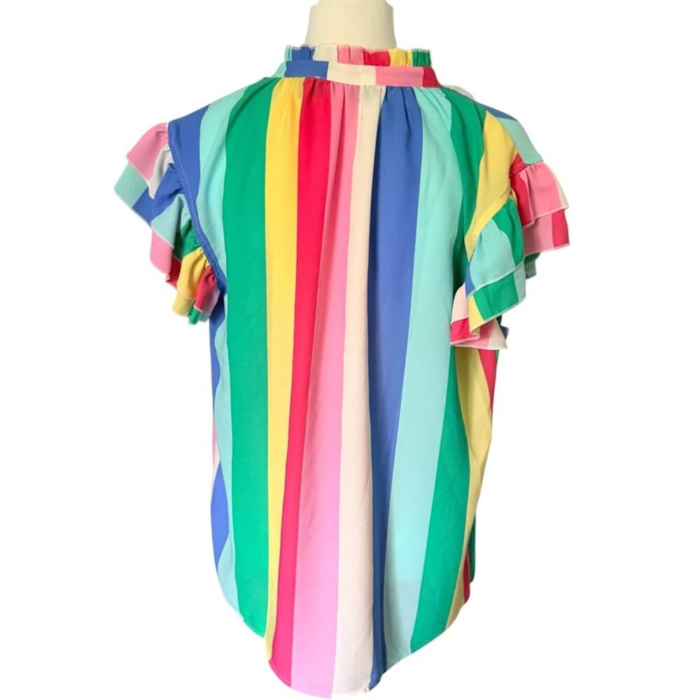New York and Company Large Short Sleeve Top Blue Pink Yellow - Picture 4 of 4